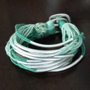 Women's Green with Silver Bars Multi Strand Wrap Bracelet